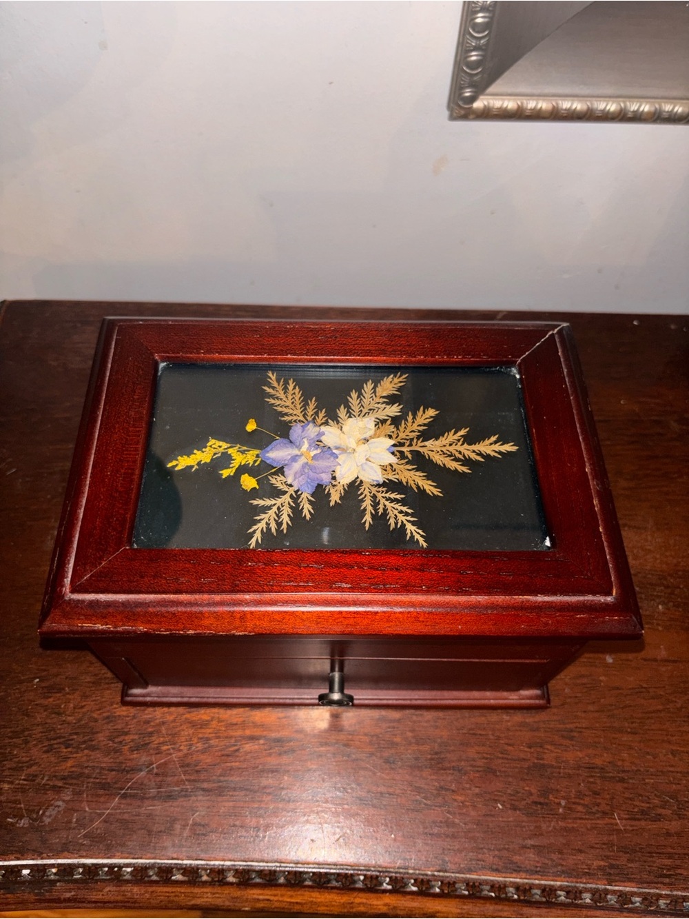 Wooden Jewelry Box with Pressed Floral Inlay